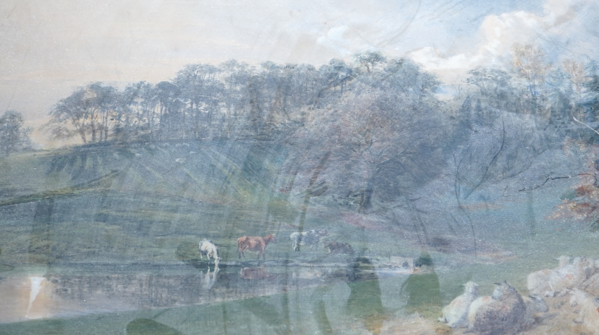 W. Parrott, watercolour, Sheep and cattle beside a lake, inscribed in ink verso, 26 x 43cm, gilt framed. Condition - fair